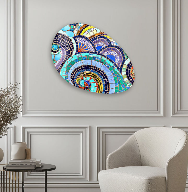 Blue Mosaic Style Oval Glass Wall Art, print picture on glass, Tempered Glass Wall Art

