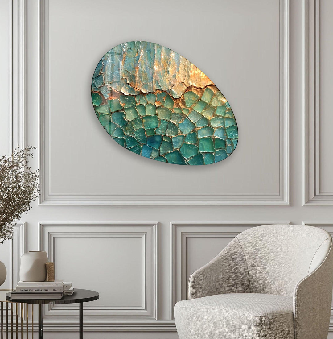 Green & Gold Abstract Oval Glass Wall Art, print picture on glass, Tempered Glass Wall Art
