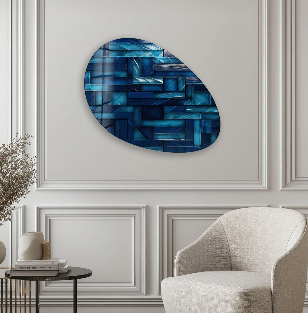 Navy Blue Mosaic Tiles Oval Glass Wall Art, print on glass, glass printed photos
