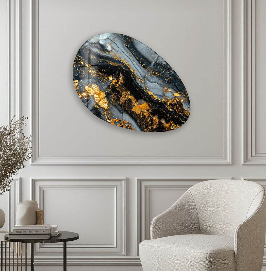 Gray & Gold Marble Oval Glass Wall Art, glass art painting, glass art for the Wall
