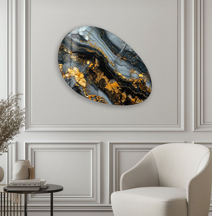 Gray & Gold Marble Oval Glass Wall Art, glass art painting, glass art for the Wall
