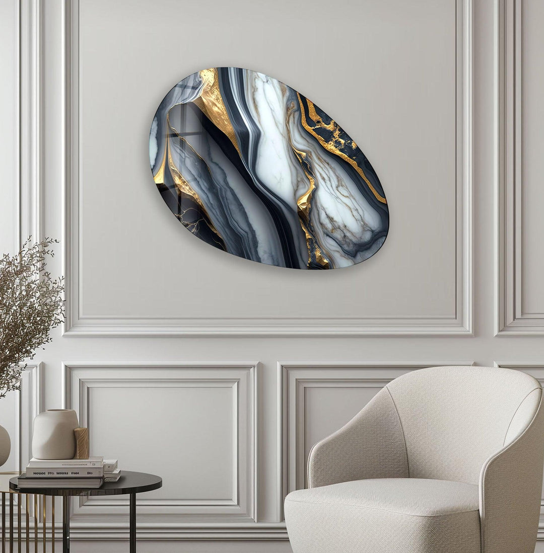 Gold & Gray Marble Oval Glass Wall Art, glass photo prints, glass picture prints
