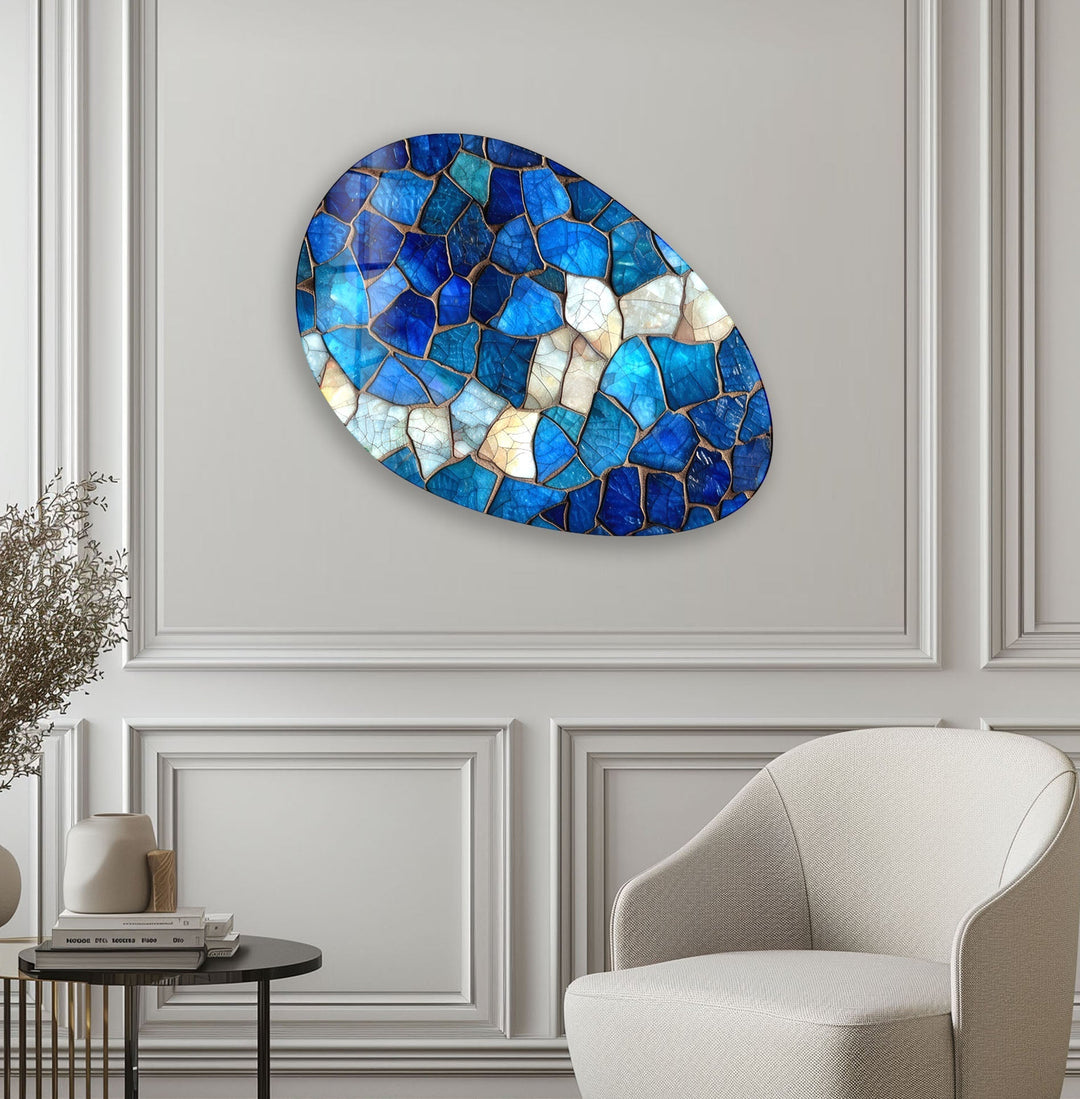 Blue Stained Decorative Oval Glass Wall Art, glass art painting, glass art for the Wall
