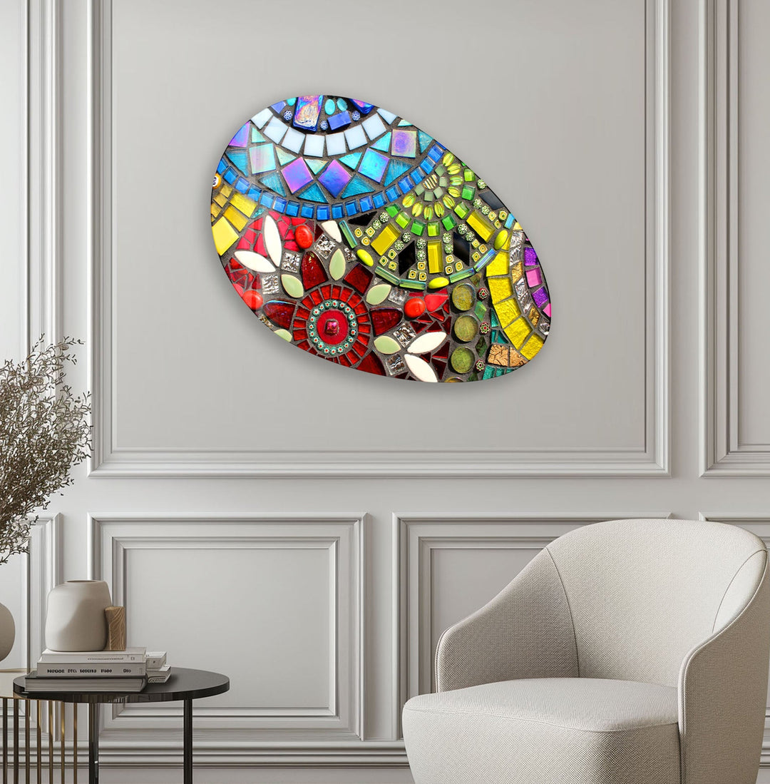 Yellow Mosaic Oval Glass Wall Art, glass photo prints, glass picture prints
