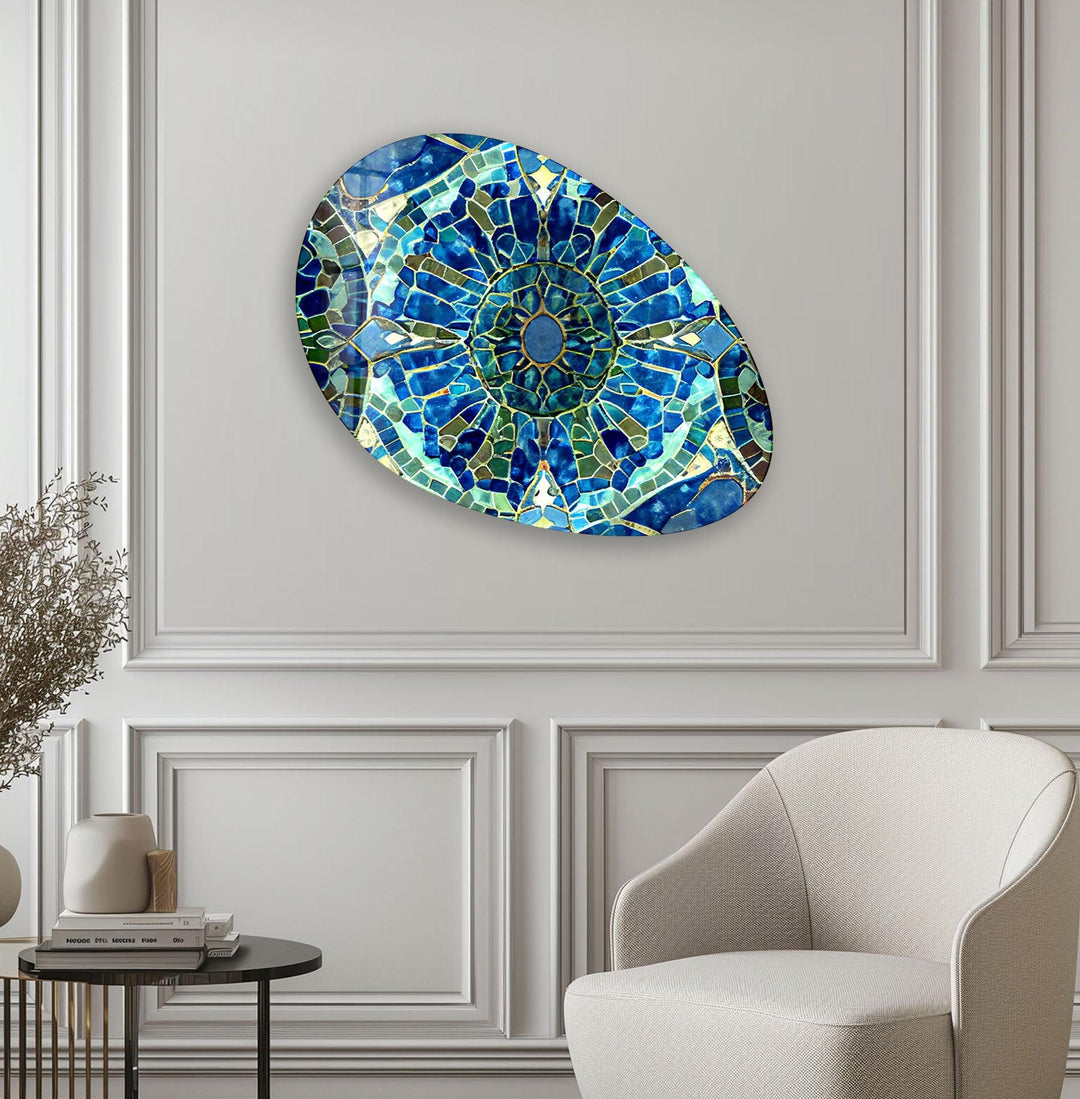 Mosaic Pattern Blue Oval Glass Wall Art, print picture on glass, Tempered Glass Wall Art

