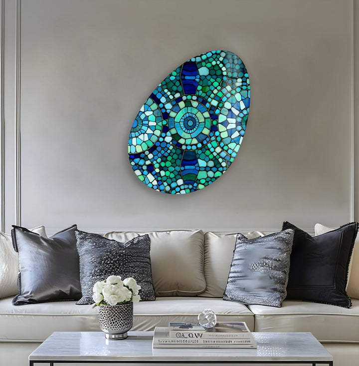 Mosaic Pattern Green Oval Glass Wall Art, glass pictures for Wall, glass prints wall art
