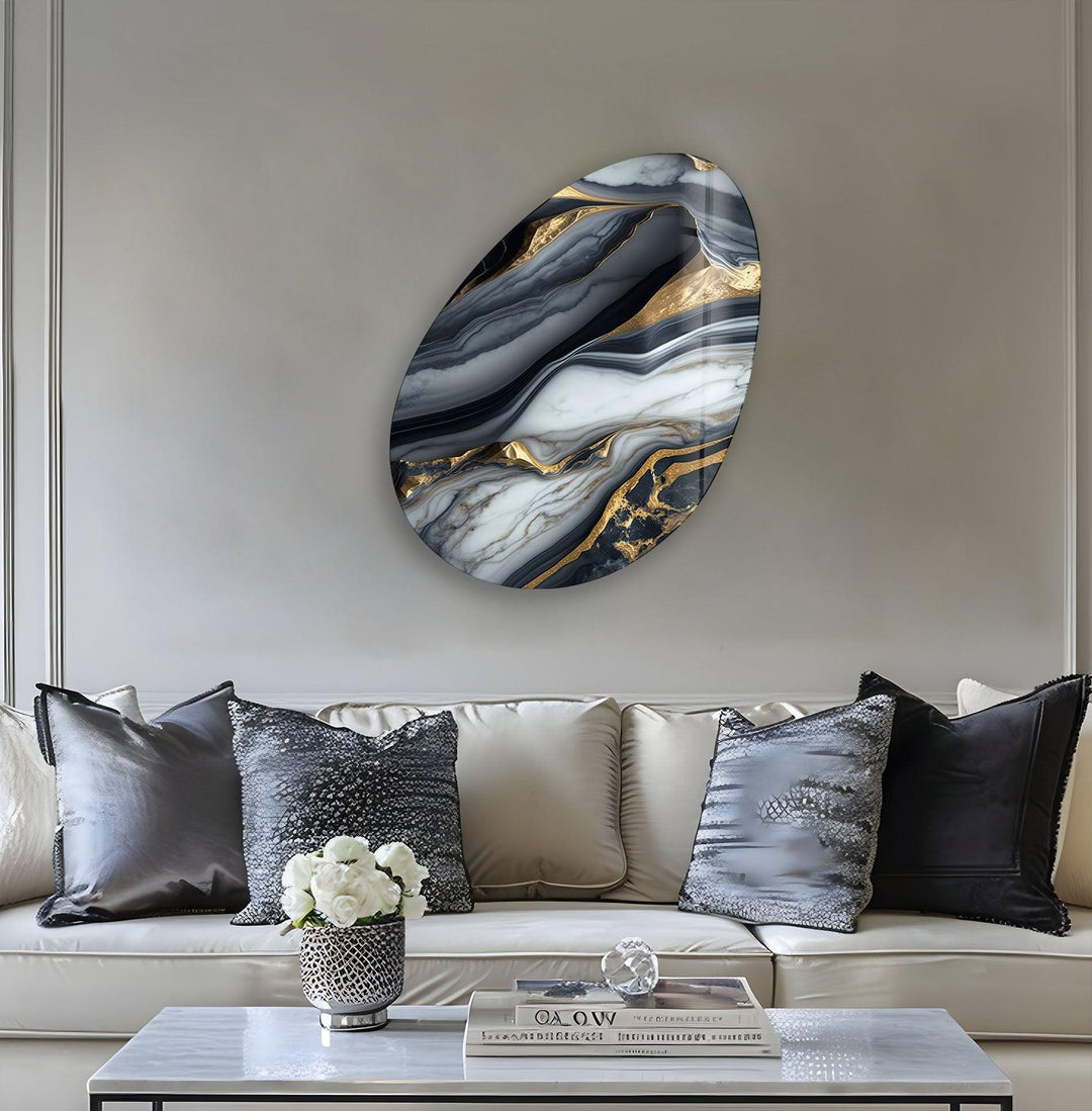 Gold & Gray Marble Oval Glass Wall Art, glass art painting, glass art for the Wall
