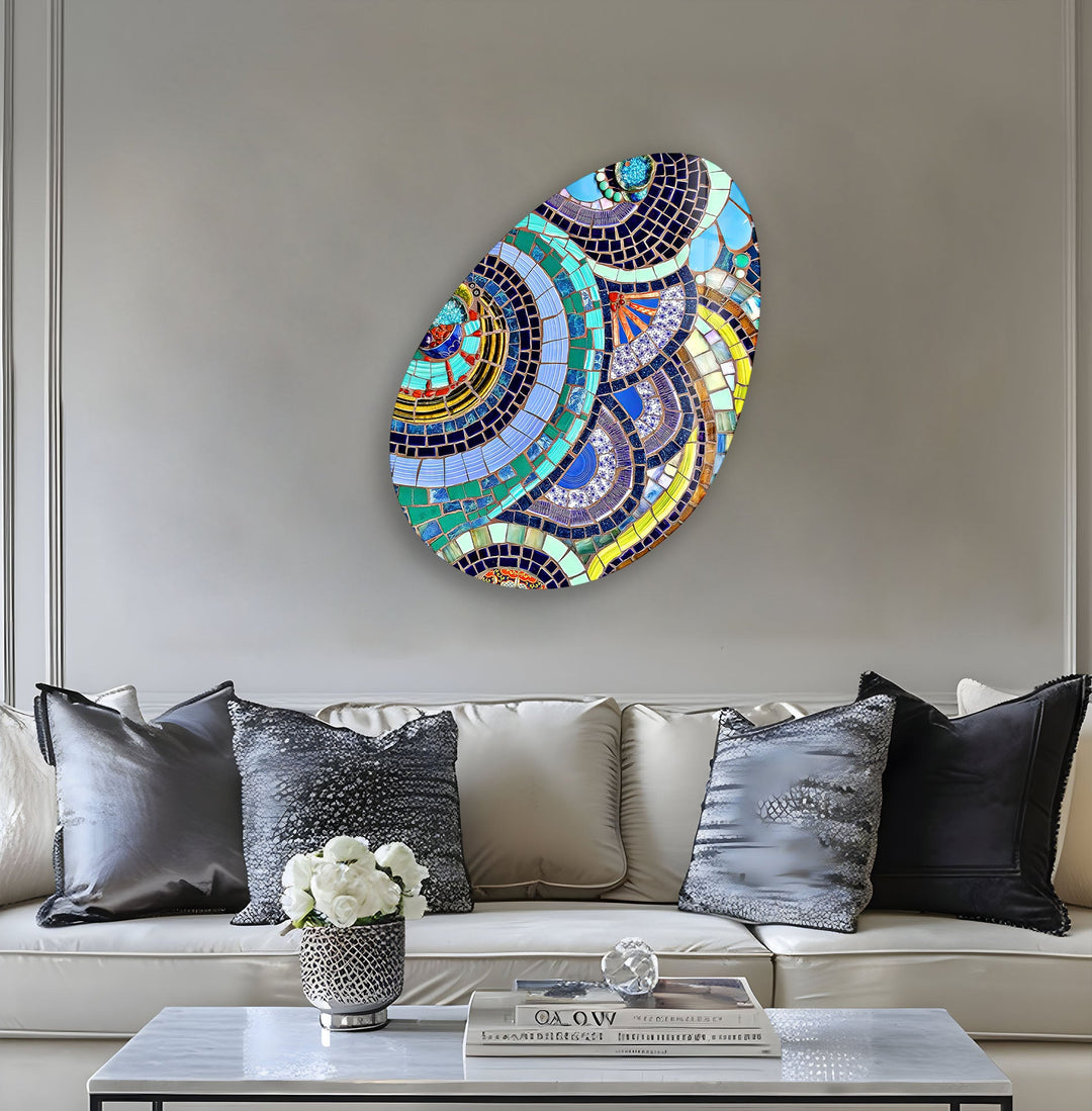 Blue Mosaic Style Oval Glass Wall Art, glass image printing, glass prints from photos
