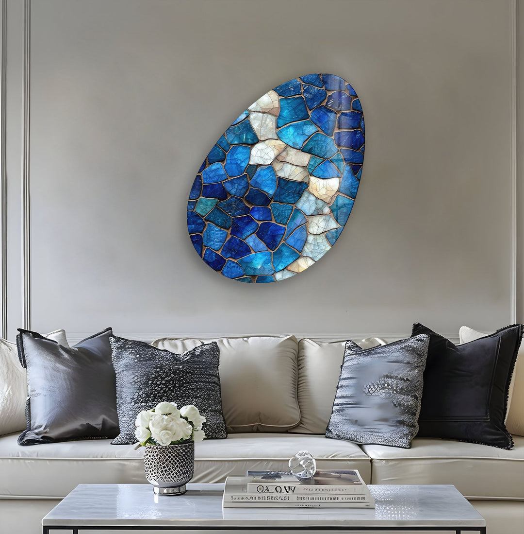 Blue Stained Decorative Oval Glass Wall Art, print picture on glass, Tempered Glass Wall Art

