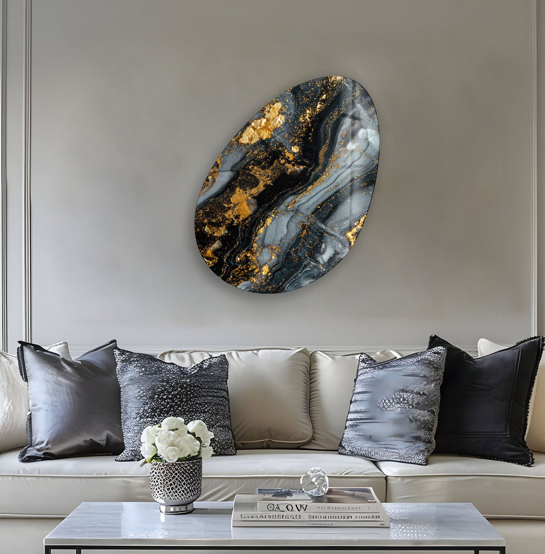 Gray & Gold Marble Oval Glass Wall Art, print picture on glass, Tempered Glass Wall Art
