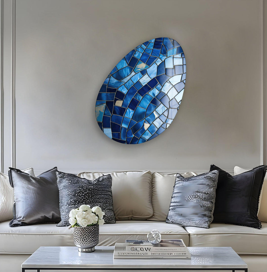 Modern Blue Mosaic Oval Glass Wall Art, print on glass, glass printed photos

