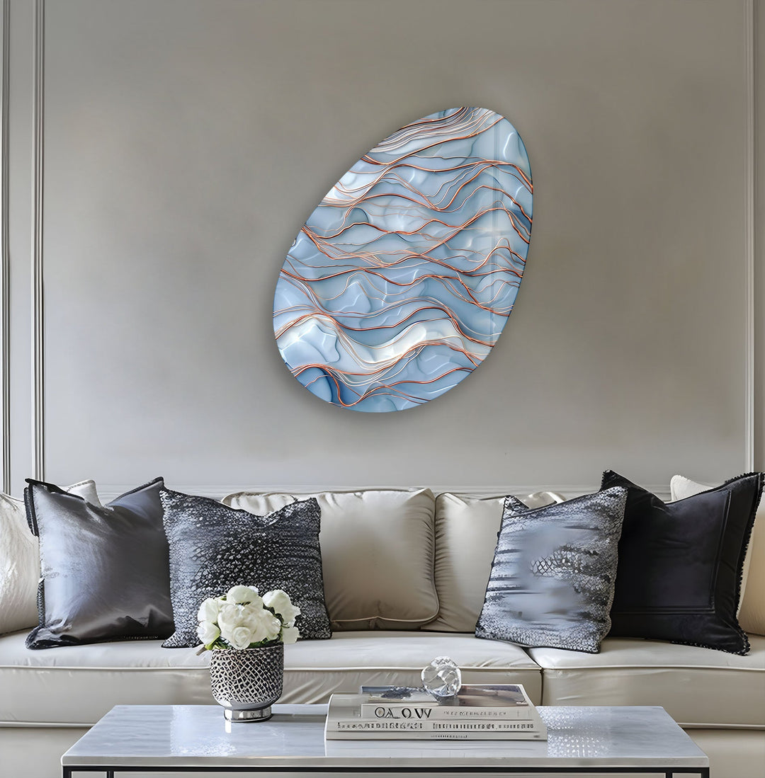 Abstract Blue Waves Oval Glass Wall Art, glass pictures for Wall, glass prints wall art
