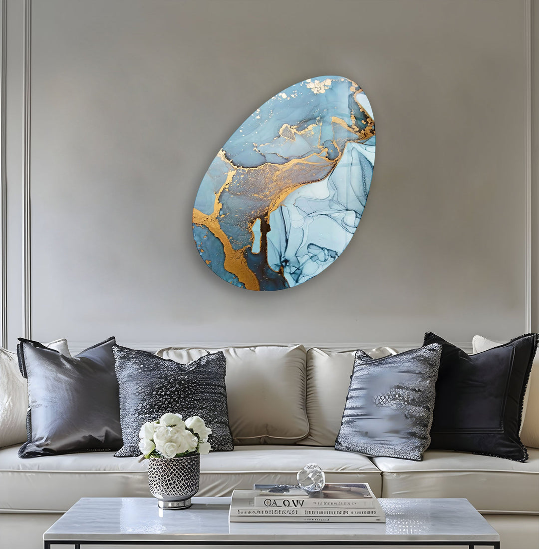 Modern Blue Watercolor Oval Glass Wall Art, print picture on glass, Tempered Glass Wall Art
