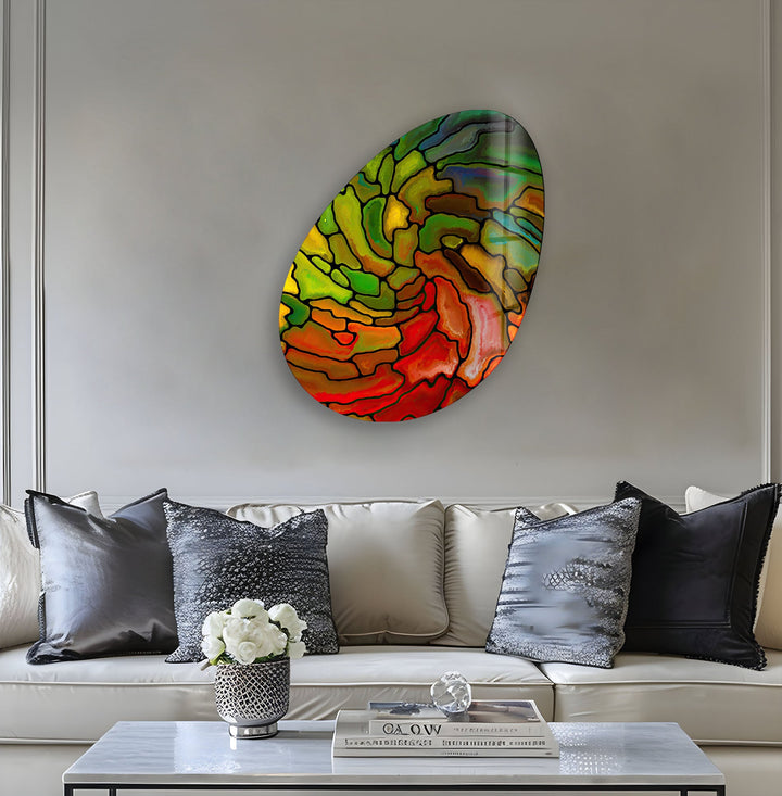 Decorative Red Stained Oval Glass Wall Art, glass photo prints, glass picture prints
