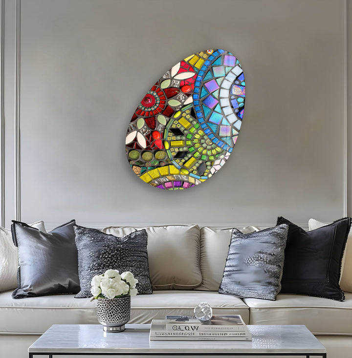 Yellow Mosaic Oval Glass Wall Art, art glass wall art, glass wall art pictures
