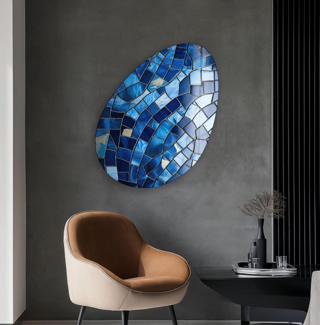 Modern Blue Mosaic Oval Glass Wall Art, glass pictures for Wall, glass prints wall art
