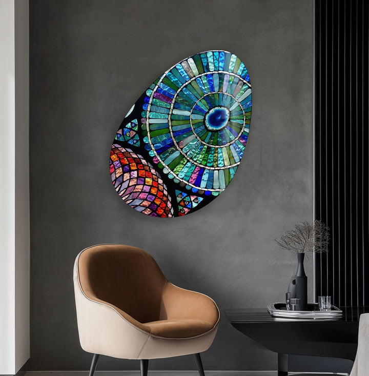 Modern Blue Stained Oval Glass Wall Art, glass art painting, glass art for the Wall
