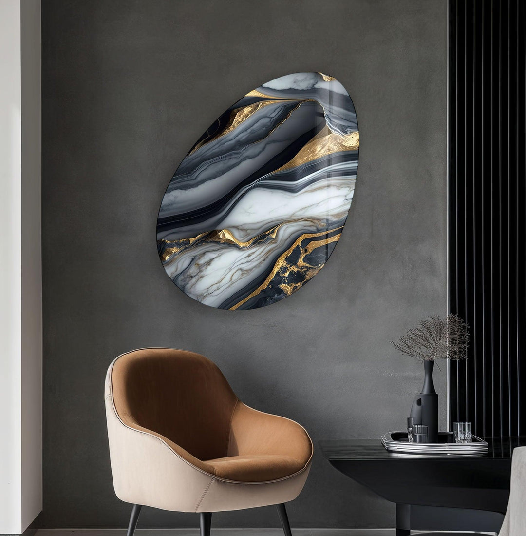 Gold & Gray Marble Oval Glass Wall Art, print picture on glass, Tempered Glass Wall Art
