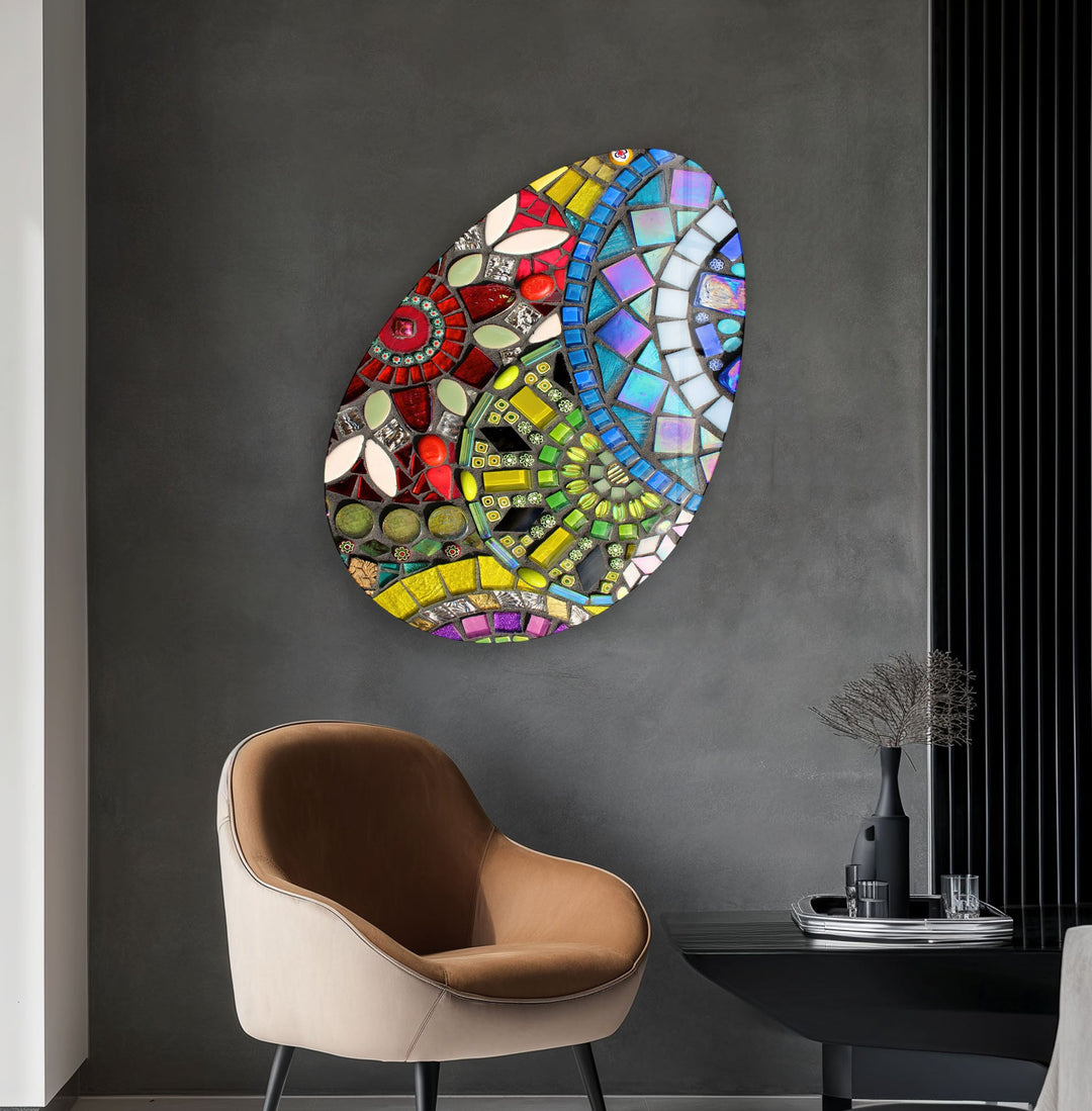 Yellow Mosaic Oval Glass Wall Art, glass art painting, glass art for the Wall
