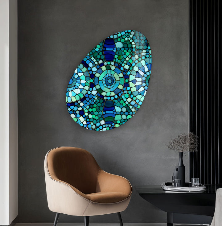 Mosaic Pattern Green Oval Glass Wall Art, custom glass pictures, glass art prints
