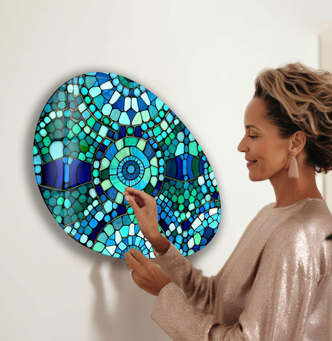 Mosaic Pattern Green Oval Glass Wall Art, picture on glass wall art, photos printed on glass
