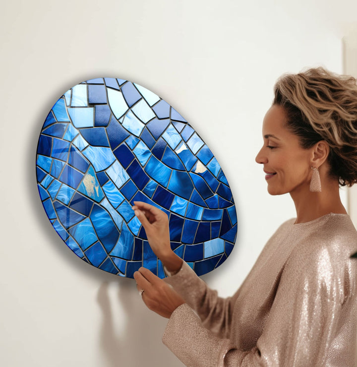 Modern Blue Mosaic Oval Glass Wall Art, picture on glass wall art, photos printed on glass
