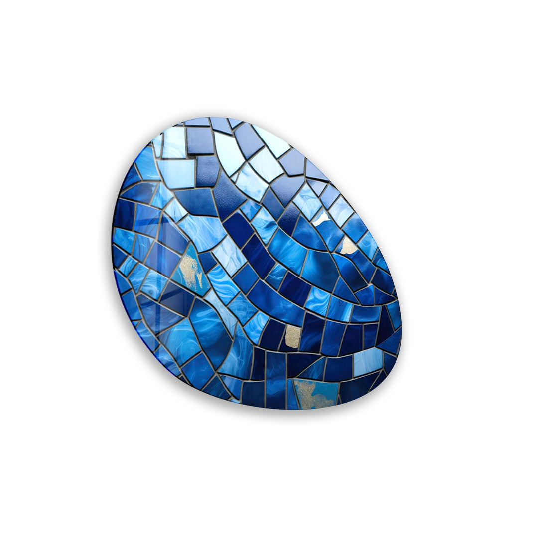 Modern Blue Mosaic Oval Glass Wall Art, glass image printing, glass prints from photos
