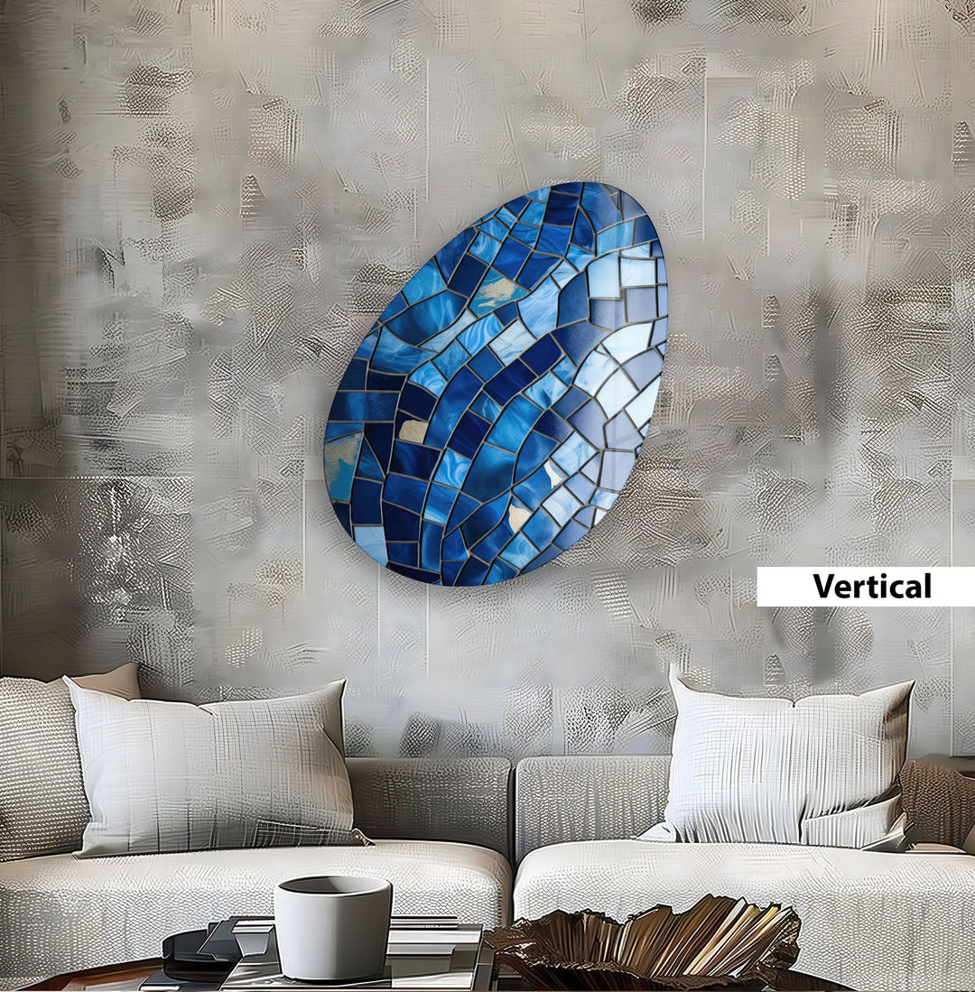 Modern Blue Mosaic Oval Glass Wall Art, custom glass pictures, glass art prints
