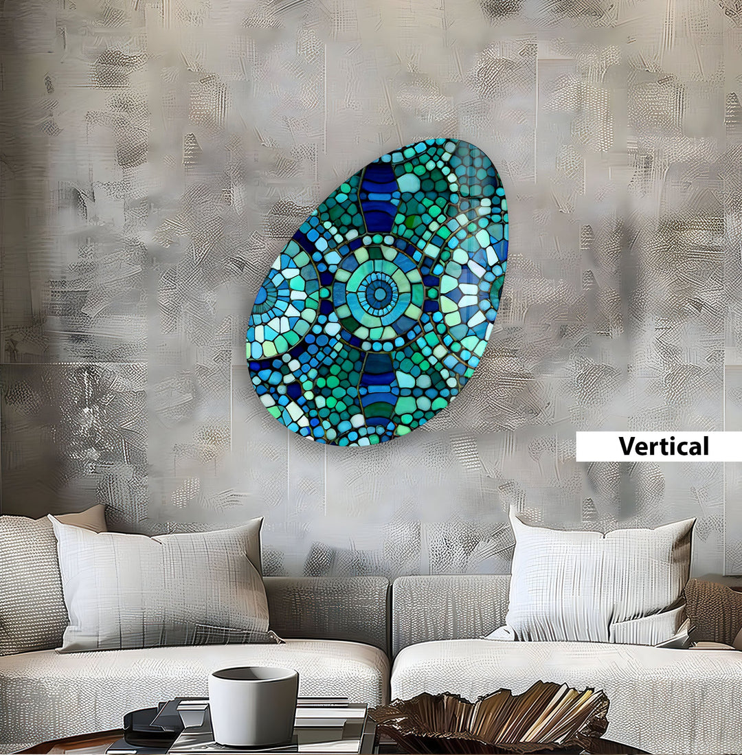 Mosaic Pattern Green Oval Glass Wall Art, large glass photo prints, glass wall photos
