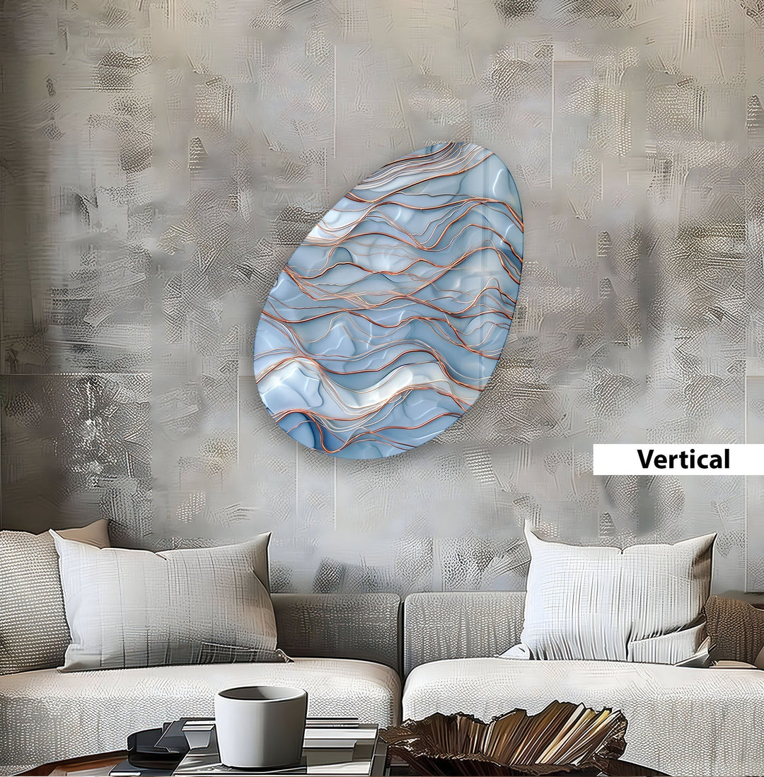 Abstract Blue Waves Oval Glass Wall Art, large glass photo prints, glass wall photos
