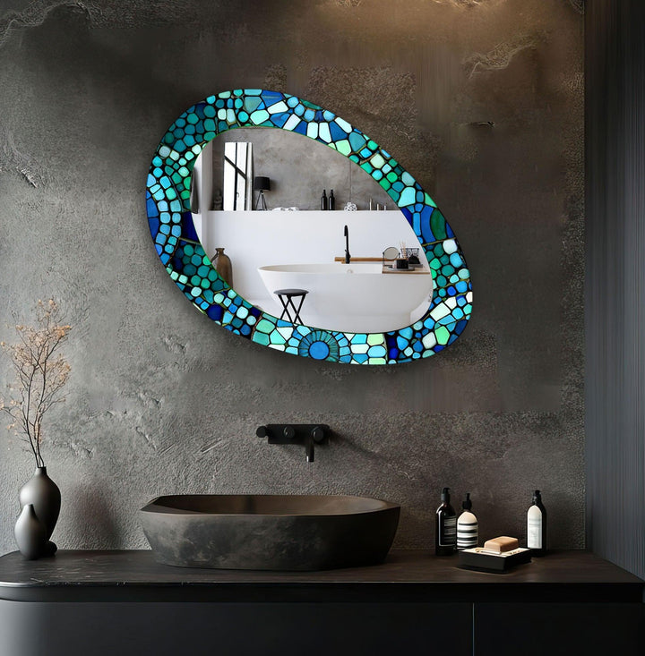 Blue And Green Mosaic Oval Large Wall Mirror