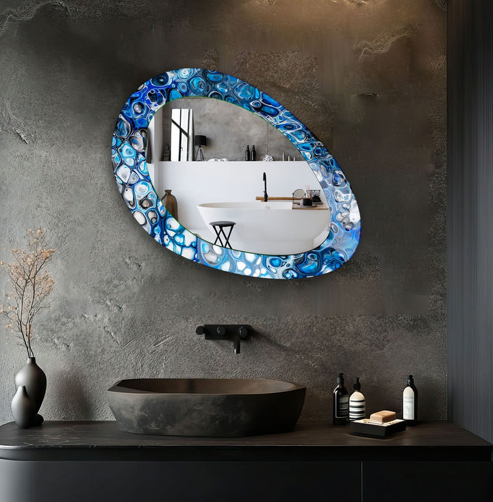 Blue Stained Mirrors Oval Modern Wall Mirror