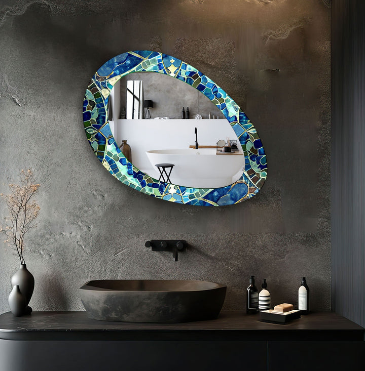 Blue And Green Mosaic Oval Modern Wall Mirror