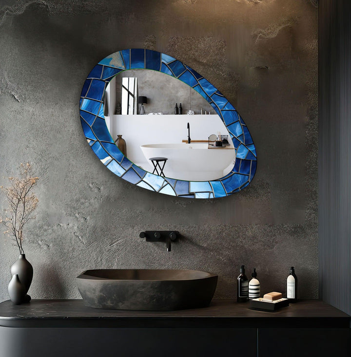 Blue Stained Oval Blue Wall Mirror