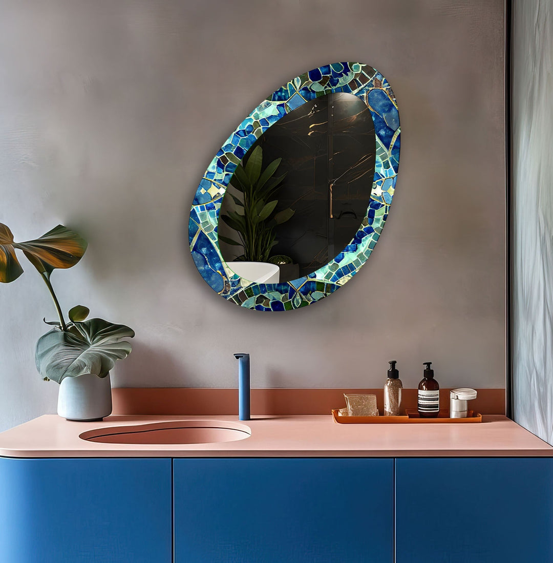 Blue And Green Mosaic Oval Modern Wall Mirror