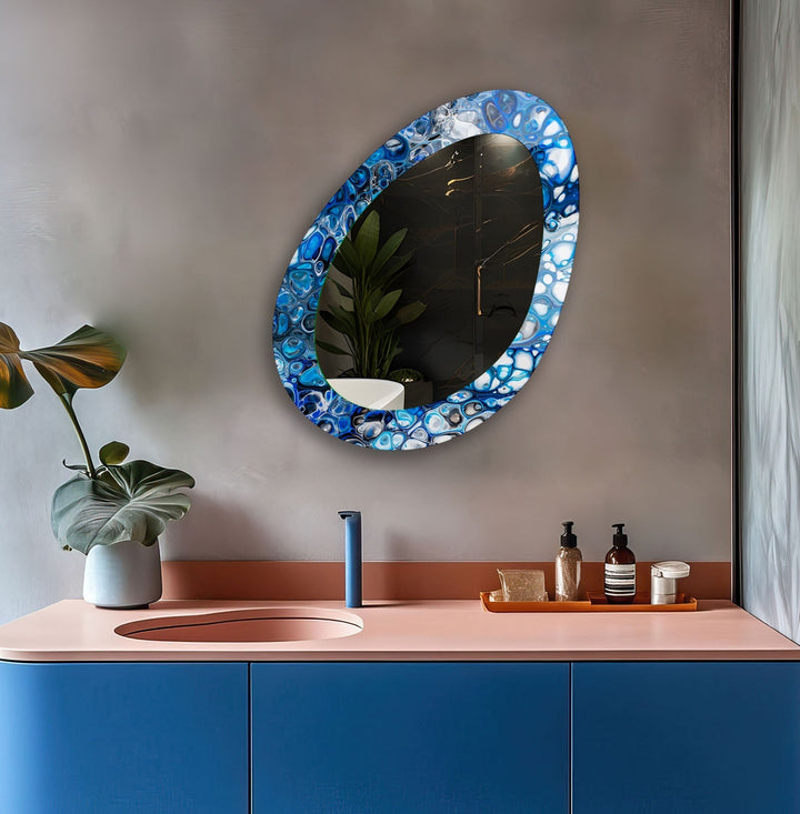 Blue Stained Mirrors Oval Modern Wall Mirror