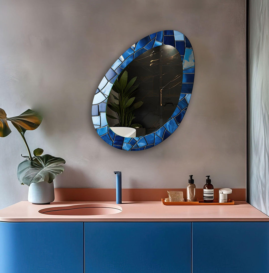 Blue Stained Oval Blue Wall Mirror