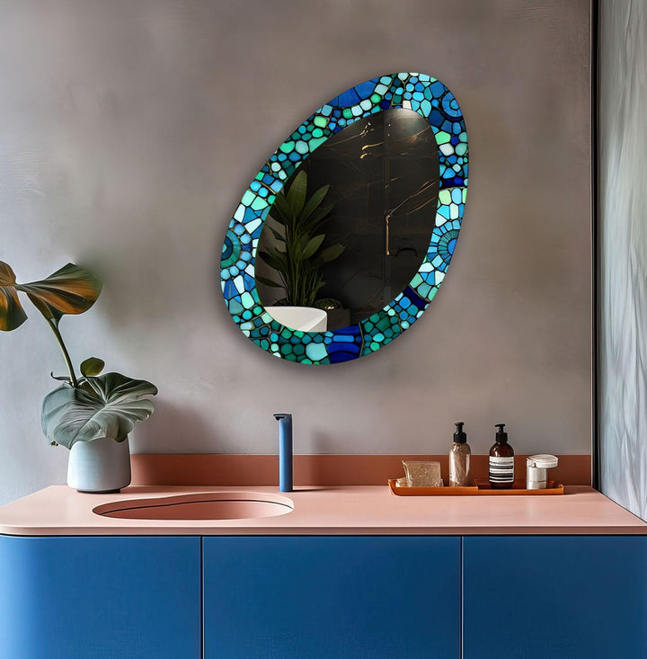 Blue And Green Mosaic Oval Large Wall Mirror