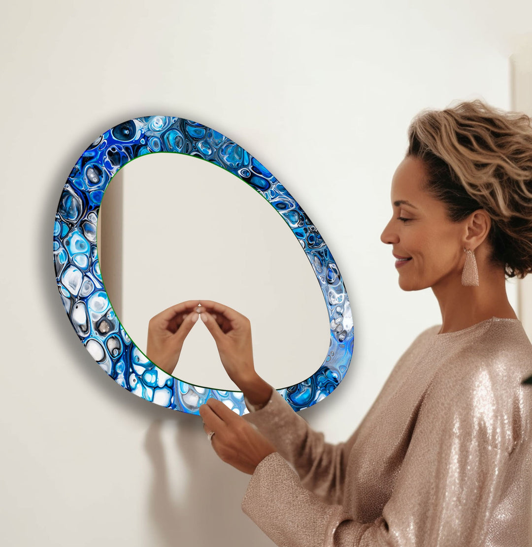 Blue Stained Mirrors Oval Modern Wall Mirror