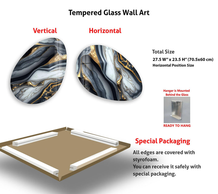 Gold & Gray Marble Oval Glass Wall Art, custom glass pictures, glass art prints
