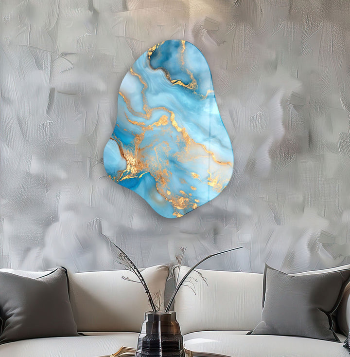 Stylish Blue Marble Irregular Glass Wall Art, large glass photo prints, glass wall photos
