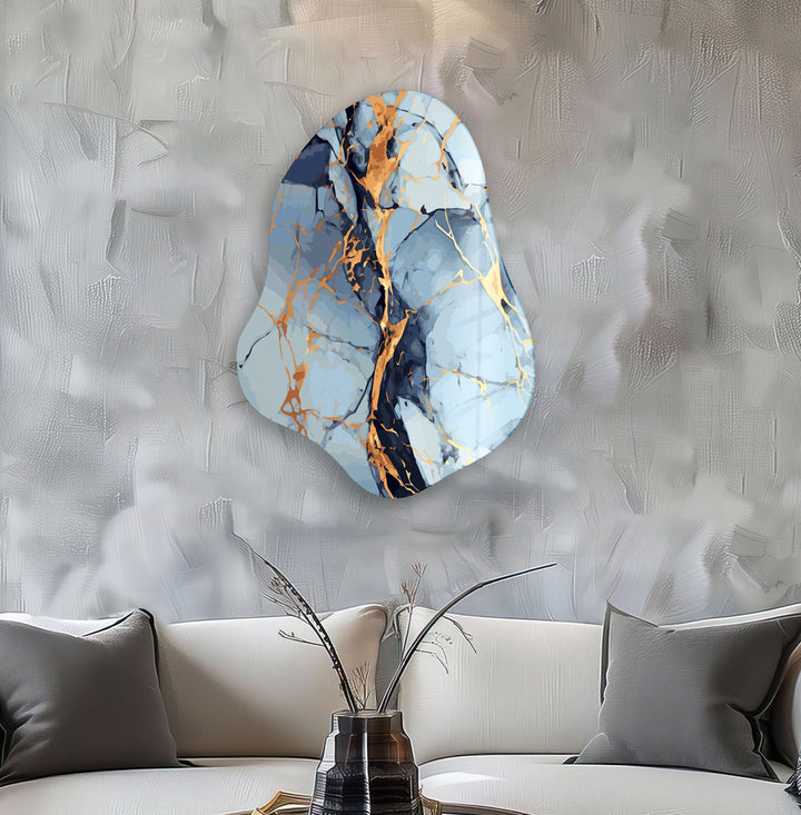 Blue & Gold Marble Irregular Glass Wall Art, glass photo prints, glass picture prints
