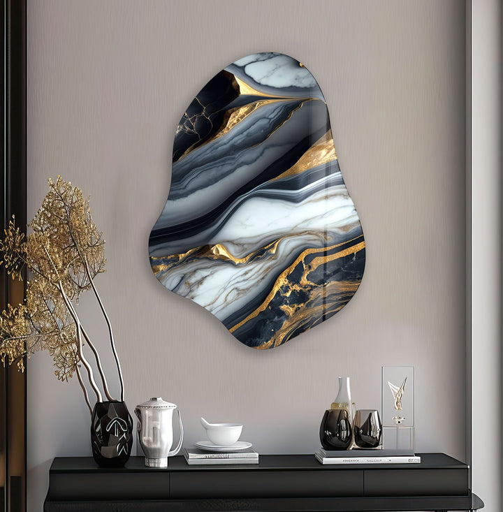 Gray & Gold Marble Irregular Glass Wall Art, print picture on glass, Tempered Glass Wall Art
