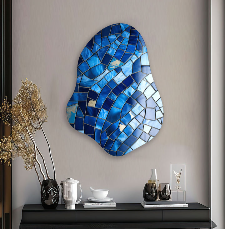 Navy Blue Mosaic Stylish Glass Wall Art, large glass photo prints, glass wall photos
