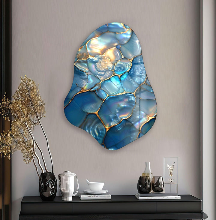 Stylish Blue Abstract Irregular Glass Wall Art, print picture on glass, Tempered Glass Wall Art

