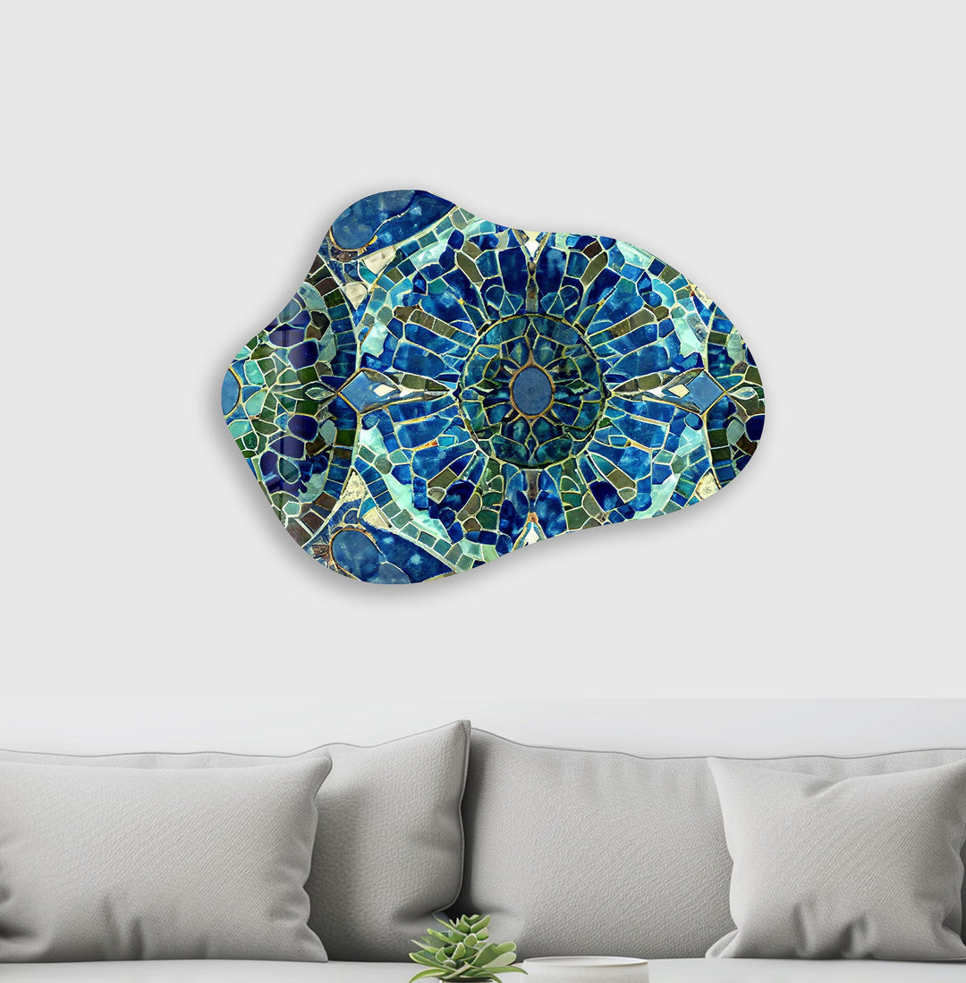 Mosaic Pattern Blue Irregular Glass Wall Art, print on glass, glass printed photos

