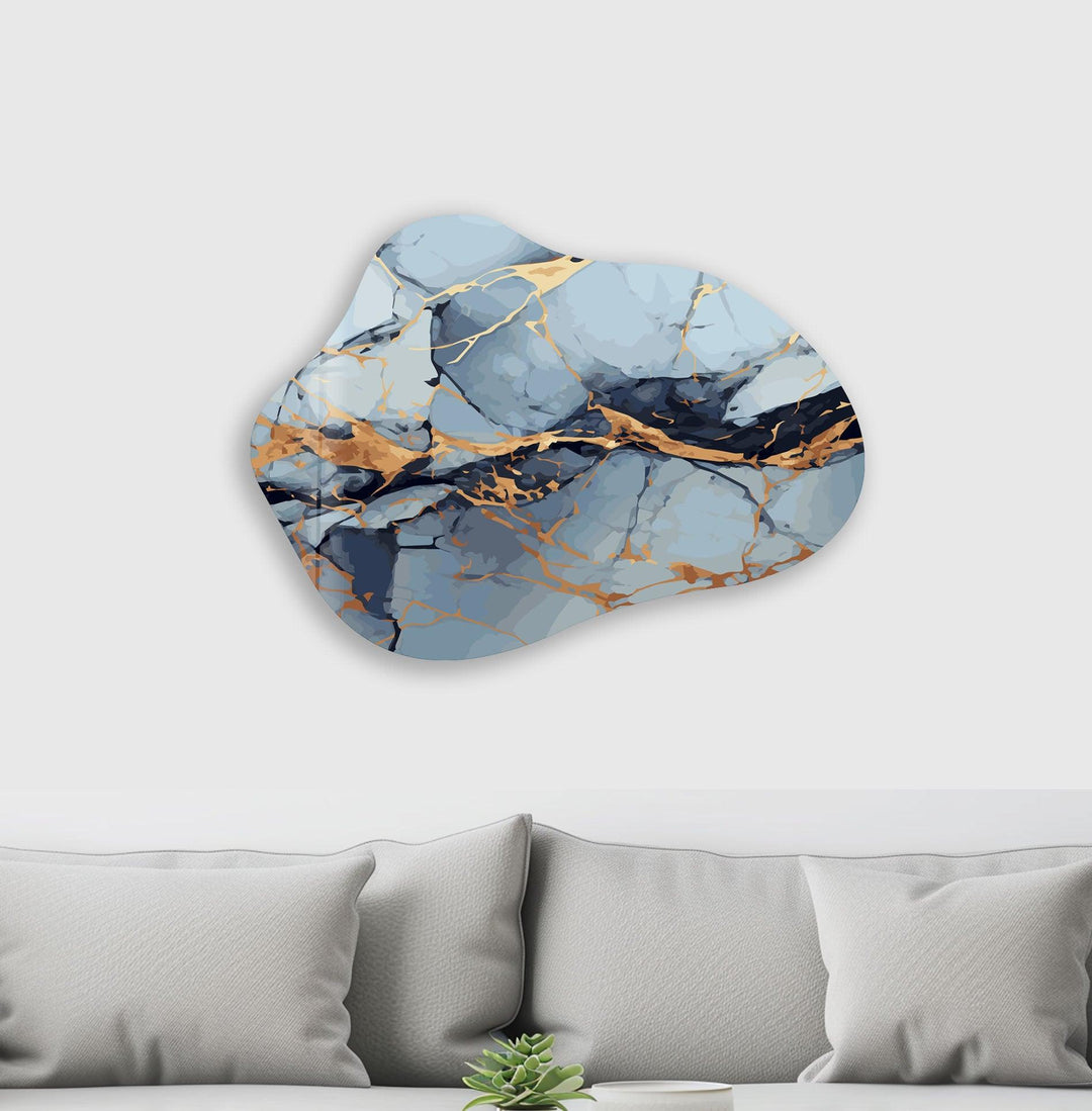 Blue & Gold Marble Irregular Glass Wall Art, print on glass, glass printed photos
