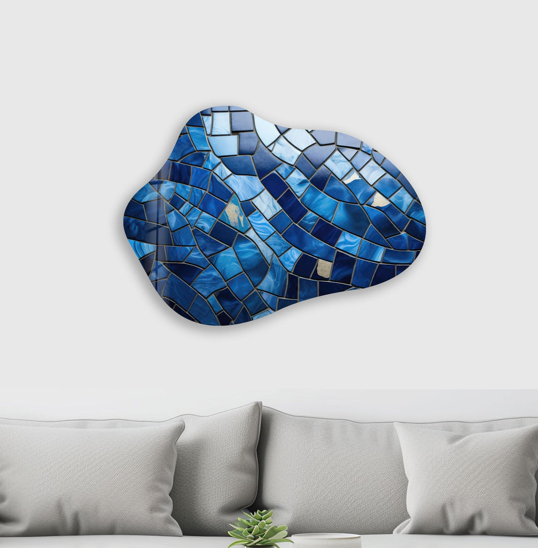 Navy Blue Mosaic Stylish Glass Wall Art, print on glass, glass printed photos

