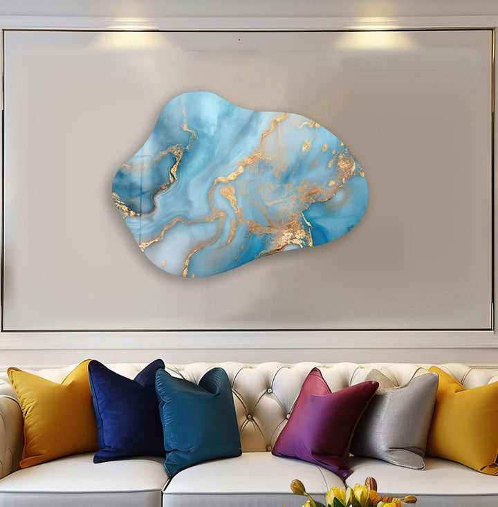 Stylish Blue Marble Irregular Glass Wall Art, custom glass pictures, glass art prints
