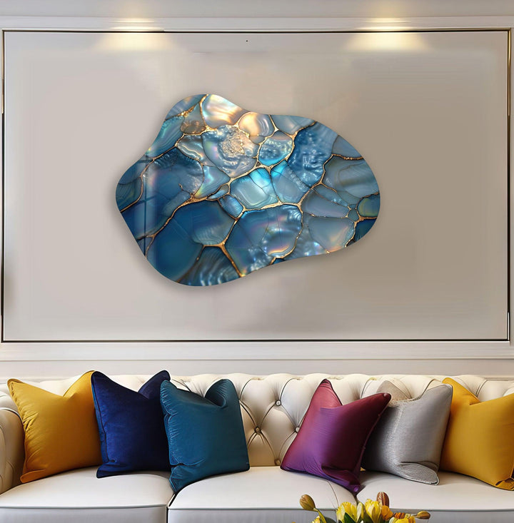 Stylish Blue Abstract Irregular Glass Wall Art, Glass Printing Wall Art, Print photos on glass
